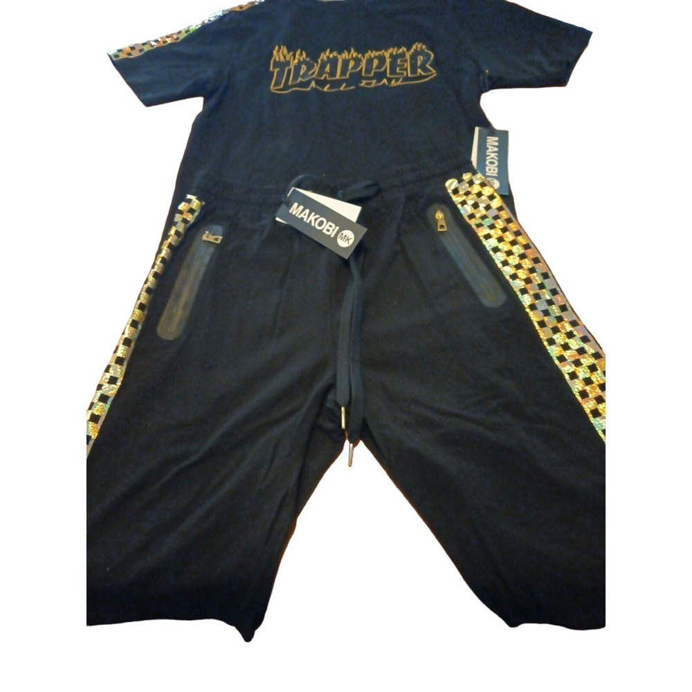 MAKOBI Trappers Black & Gold Foil Hip Hop STREET Wear Party SHORT SET Size XL